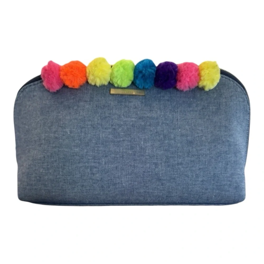 Kestrel Denim Cosmetic Bag Rainbow Pom Pom Makeup Pouch Travel Case - Picture 2 of 9